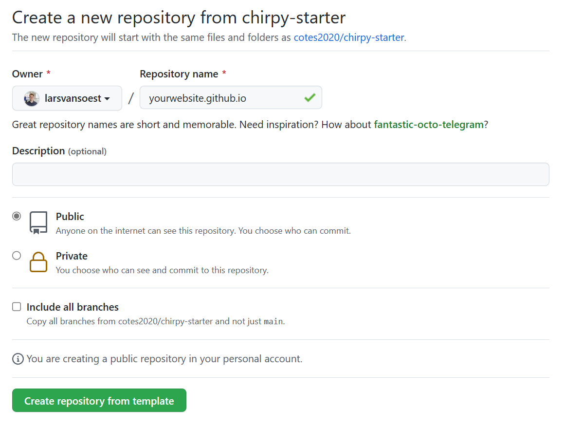 Screenshot when creating a new repository from chirpy-starter