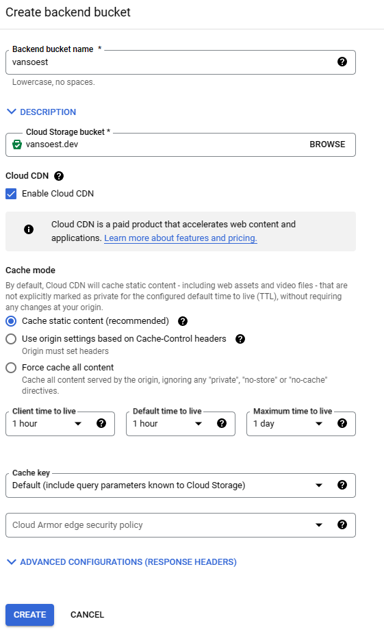 Screenshot of creating a backend bucket