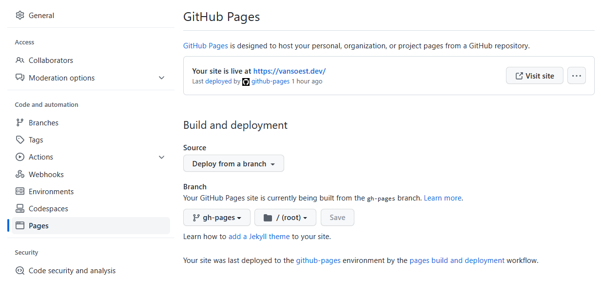 Screenshot when setting branch gh-page as source.
